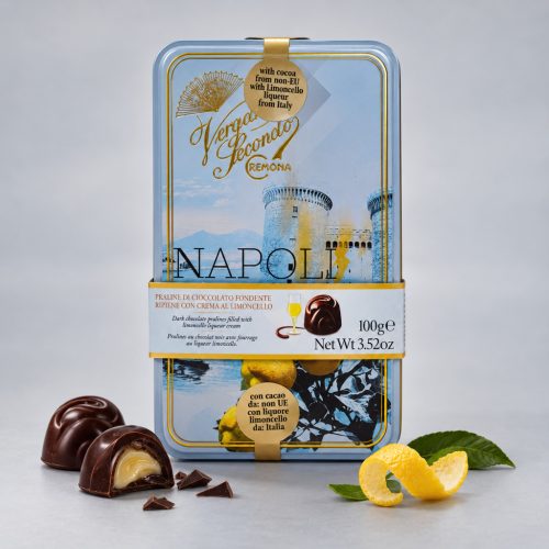 Vergani Limoncello krémmel töltött étcsokoládé praliné díszdobozban 100 g